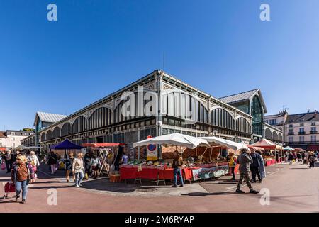 Bancarelle di mercato di fronte al mercato storico sala nel centro storico, Digione, Cote Dor, Borgogna, Francia Foto Stock