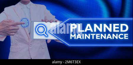 Didascalia di testo che presenta la manutenzione pianificata, Word per i check-up da eseguire regolarmente Foto Stock