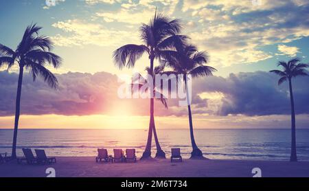 Spiaggia tropicale caraibica con palme da cocco silhouettes al tramonto, tonalità di colore applicato, Messico. Foto Stock