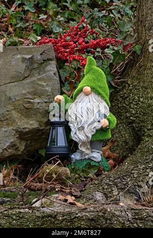 Un grazioso piccolo giardino Gnome. Con una lanterna magica, capelli verdi e una pala piccola. Con qualche bacche rosse sullo sfondo. Foto Stock