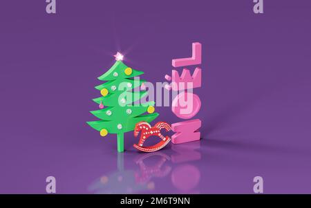 Elementi isometrici di Natale e Capodanno con scritte. rappresentazione 3d, illustrazione 3d. Foto Stock