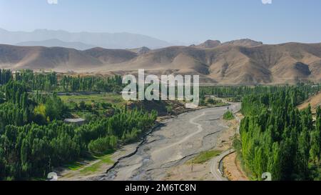 Vista panoramica del fiume Shahristan con la catena montuosa di Zeravshan sullo sfondo, sul sito Bunjikat soggdian. Sughd, Tagikistan Foto Stock