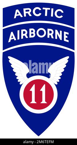 L'insegna ufficiale per la 11th Divisione Airborne. L'Esercito ridesignerà gli Stati Uniti Quest'estate, Army Alaska e due squadre di combattimento di brigate con sede in Alaska sono state la 11th Airborne Division Headquarters e le 1st e 2nd Brigade Combat Teams, 11th Airborne Division. Questa nuova designazione è una conseguenza della strategia artica dell’esercito del gennaio 2021 e ci pone sulla strada verso una forza che sia più adeguatamente presidiata, addestrata e attrezzata per l’ambiente artico. Foto Stock