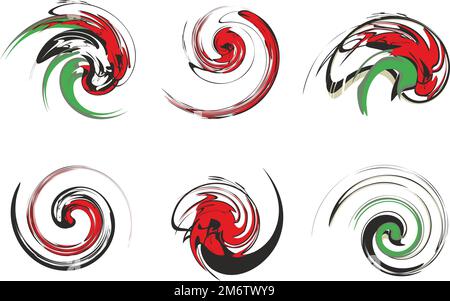 Forme a vortice nei toni rosso-nero-verde isolato sul bianco. Spirali come motivi floreali per tessuti, loghi, emblemi, etichette, copertine, icone web Foto Stock