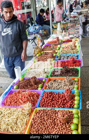 Città del Messico, Juarez Cuauhtemoc Avenida Paseo de la Reforma, festa di Natale mercato artigianale mercado artesanal, cibo, noci, snack, uomo uomini maschio adulto adu Foto Stock