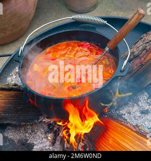 Il goulash del bollitore è preparato sopra un fuoco aperto! Foto Stock