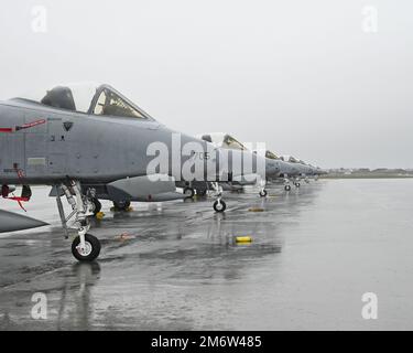 10 velivolo Thunderbolt II a-10C della 175th Wing, Maryland Air National Guard siediti sulla linea di volo all'aeroporto di Keflavik, Kevlavik, Islanda, 5 maggio 2022. Gli aerei e gli aeromobili assegnati all'MDANG sono in scena in Islanda prima di partire per la Macedonia settentrionale e la Norvegia per partecipare a Swift Response 22. Swift Response 22 è un esercizio di formazione multinazionale annuale che si svolge in Europa orientale, nell'Alto Nord artico, nei Paesi Baltici e nei Balcani dal 2 al 20 maggio 2022. Lo scopo dell'esercizio è presentare forze dell'esercito credibili da combattimento in Europa e in Africa, e migliorare la preparazione da parte di buildi Foto Stock