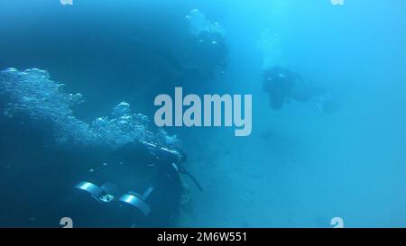 I Beretti Verdi assegnati a 2nd battaglione, 10th Special Forces Group (Airborne), effettuano un'indagine sullo scafo del Cayman Salvage Master ad una profondità di circa 100 metri vicino a Key West, Florida, come parte di una riqualificazione di tre settimane di immersione il 5 maggio 2022. Le squadre di immersione delle forze speciali hanno eseguito un'immersione a circuito aperto che ha testato le capacità di ricerca e recupero. (Foto DOD) Foto Stock