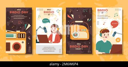 World radio Day Social Media Stories Flat Cartoon modelli di sfondo disegnati a mano Illustrazione Illustrazione Vettoriale