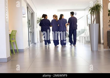 Vista posteriore di diversi gruppi di medici che parlano camminando nel corridoio dell'ospedale, con spazio di copia Foto Stock