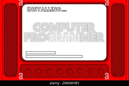 Computer Cartoon con il termine programmatore di computer. Messaggio di una schermata che visualizza una finestra di installazione. Illustrazione Vettoriale
