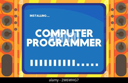 Computer Cartoon con il termine programmatore di computer. Messaggio di una schermata che visualizza una finestra di installazione. Illustrazione Vettoriale