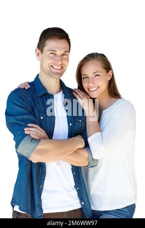 Im un ragazzo fortunato. Un ritratto isolato di una giovane coppia felice e affettuosa. Foto Stock