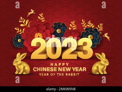 Felice anno cinese nuovo 2023 anno del coniglio segno zodiaco con fiore 3D lettera. Disegno astratto di illustrazione vettoriale (traduzione : felice anno nuovo) Illustrazione Vettoriale