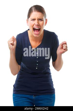 Aaaaaaaaaaah. Studio shot di una giovane donna che urla su uno sfondo bianco. Foto Stock