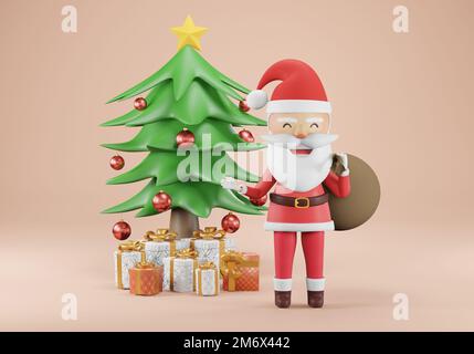 3D render , seduto Babbo Natale con le braccia alzanti su scatola regalo vicino albero di Natale decorato con palle. , Carta delle vacanze invernali con regali e Cla allegro Foto Stock