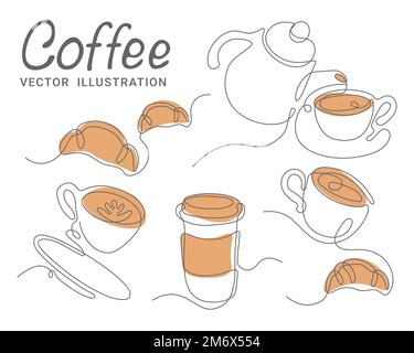 Set di disegni vettoriali caffè tema caffè un disegno di linea Illustrazione Vettoriale