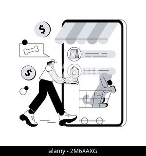 Gli animali negozio astratto concetto di illustrazione vettoriale. Forniture animali online, e-shop di articoli per animali, acquistare un cucciolo, medicina e cibo, accessori per animali, gr Illustrazione Vettoriale