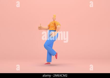 La donna con i capelli dorati legati in un bun con pantaloni in corduroy blu e T-shirt arancione con strisce bianche. È espressione Foto Stock