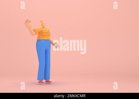 La donna con i capelli dorati legati in un bun con pantaloni in corduroy blu e T-shirt arancione con strisce bianche. È espressione Foto Stock