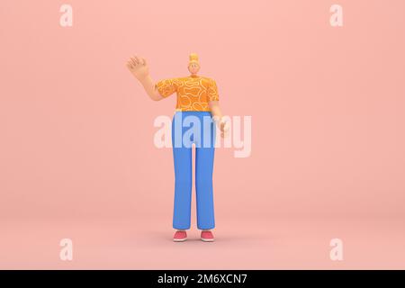 La donna con i capelli dorati legati in un bun con pantaloni in corduroy blu e T-shirt arancione con strisce bianche. È espressione Foto Stock