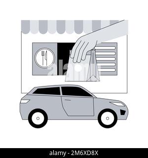 Illustrazione vettoriale del concetto astratto del ristorante drive-in. Bar drive-through, servizi drive-in sicuri contro i virus, strutture sociali isolate, foto senza contatto Illustrazione Vettoriale