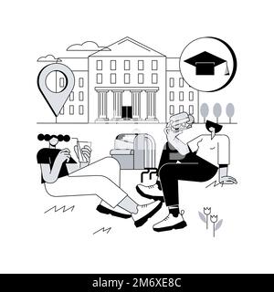 Illustrazione vettoriale del concetto astratto del campus universitario. Tour del campus universitario, eventi universitari, edifici istituzionali, gruppo di studenti, compiti a casa su GRa Illustrazione Vettoriale