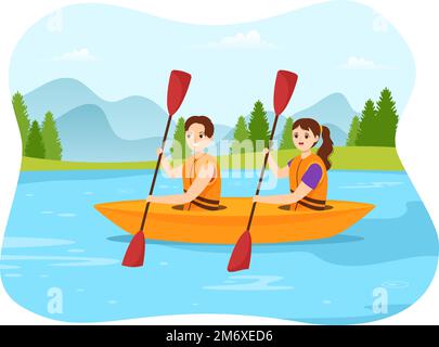 Persone che si godono Rowing Illustration con canoa e vela sul fiume o sul lago in Active Water Sports Flat Cartoon modello disegnato a mano Illustrazione Vettoriale