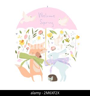 Animali carini sotto Big Umbrella riunione Primavera Illustrazione Vettoriale