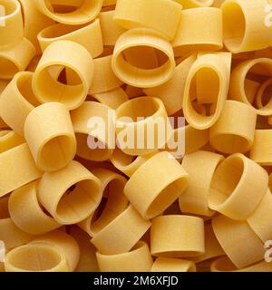 Pasta cruda non cotta Calamarata in una ciotola, vista dall'alto. Giacitura piana, sovratesta, dall'alto. Foto Stock