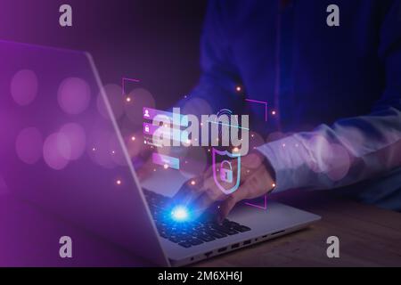 Nome utente e password (Login) per la sicurezza informatica del sistema internet e di rete. Uomo d'affari tastiera portatile (laptop). Crittografia, bio Foto Stock