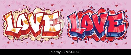 Il testo dell'Amore in stile graffiti. Lettere d'amore decorative in Street art tema urbano per l'arte murale, biglietti d'auguri e multi-scopi Illustrazione Vettoriale