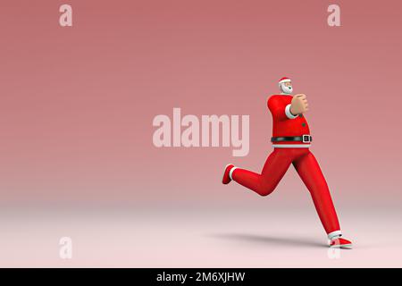 Un uomo che indossa il costume di Babbo Natale sta correndo. 3d rendering del carattere cartoon in recitazione. Foto Stock