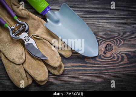 Guanti di sicurezza in pelle per potatrici da giardino con spatolatura a mano su tavola di legno concetto di giardinaggio. Foto Stock