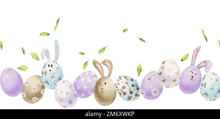 Acquerello disegnata a mano la clipart di festa di Pasqua. Bordo senza cuciture con uova, coniglietti, fiori, foglie e salice. Isolato su sfondo bianco Foto Stock