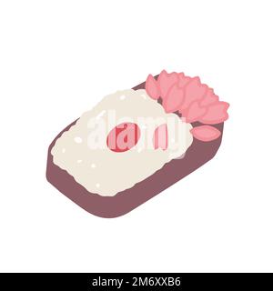Scatola di bento isolata disegnata a mano con riso con prugna acida umeboshi e petali sakura Illustrazione Vettoriale