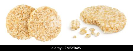 biscotti di cocco con semi di lino bianco e miele isolato su sfondo bianco. Cibo sano. Vista dall'alto. Disposizione piatta Foto Stock