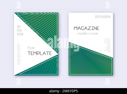 Set di modelli con copertura triangolare. Linee astratte verdi su sfondo scuro. Design della copertura impressionante. Catalogo, poster, modello di libro, ecc. Illustrazione Vettoriale