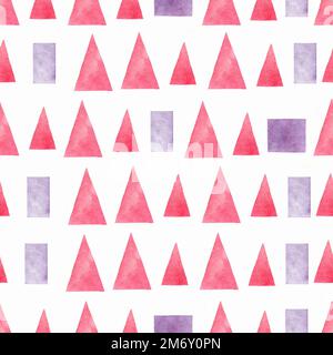 Motivo acquerello senza cuciture disegnato a mano con triangoli rosa e viola su sfondo bianco. Sfondo geometrico astratto. Struttura acquerello. Foto Stock