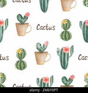 Acquerello senza cuciture Cactus flower pattern.Hand-disegnato sfondo con cactus nella pentola. Verde casa piante. Foto Stock