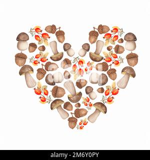 Acquerello autunno foresta illustrazione. Funghi dipinti a mano, ghiande, rosa cane a forma di cuore isolato su sfondo bianco. Illustrazione della natura per de Foto Stock