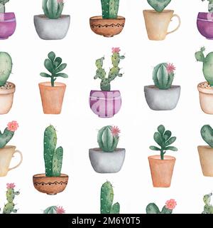Acquerello senza cuciture Cactus flower pattern.fondo disegnato a mano con cactus e succulenti nel vaso. Verde casa piante nei diversi colori pentole Foto Stock
