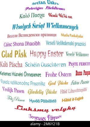 Buona Pasqua. Saluti colorati in diverse lingue europee. Parte posteriore bianca. L'uovo di Pasqua forma saluti in tutti i discorsi dell'Unione europea come vettore. Illustrazione Vettoriale