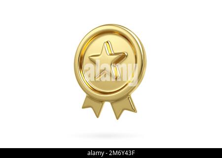 Icona della stella di metallo d'oro isolata su sfondo bianco. Etichetta di garanzia di qualità superiore, rendering 3D Foto Stock