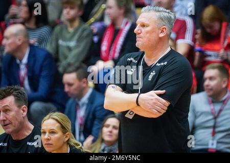 Kolding, Danimarca. 05th Jan, 2023. Dirigetevi all'allenatore di Danimarca Nikolaj Jacobsen visto durante la partita di test tra Danimarca e Arabia Saudita alla Jyske Bank Arena di Odense. (Photo Credit: Gonzales Photo/Alamy Live News Foto Stock