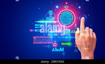 Autorizzazione con impronte digitali nell'app bancaria per il pagamento. Sistema di identificazione della persona nel servizio internet. Accesso digitale con tecnologia dati biometrici Illustrazione Vettoriale