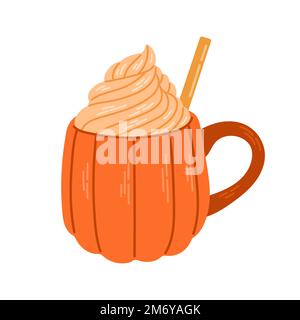 Tazza da caffè con latte di spezie di zucca per menu autunnali o biglietti d'auguri. Vettore Illustrazione Vettoriale