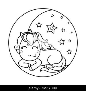 L'unicorno kawaii carino dorme sulla luna. Immagine lineare in bianco e nero. Vettore Illustrazione Vettoriale