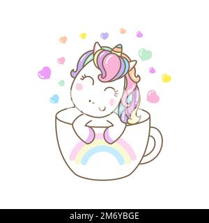 Simpatico kawaii unicorno in una tazza. Illustrazione vettoriale Illustrazione Vettoriale