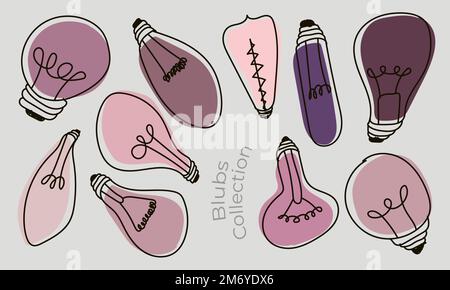 Lampadine doodle. Luce colorata blubs icona set. Lampadina creativa collezione doodle doodle. Illustrazione vettoriale Illustrazione Vettoriale